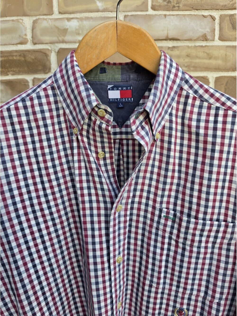 Vintage Tommy Hilfiger Shirt Mens L 90s Y2K Red Navy Gingham Crest